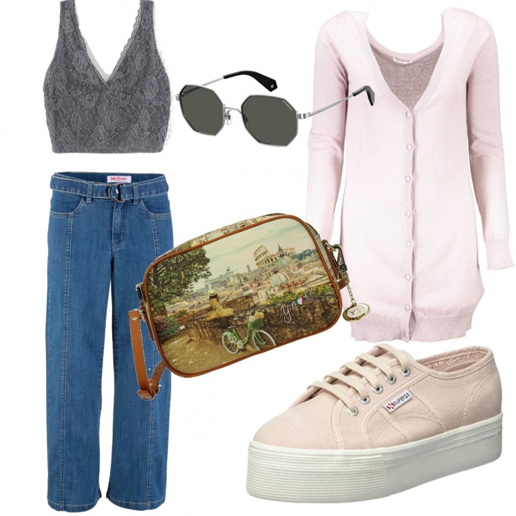 Outfit donna - Street style low cost 2020. Stile Urban per Tutti i giorni. Abbinamento con gonne, top con pizzo scollo profondo crop tinta unita grigio, gilet, borsa a tracolla, sneakers rosa, occhiali da sole.