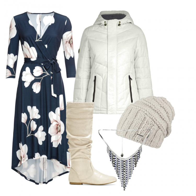 Outfit donna - Freddo floreale. Stile Bon Ton per Tutti i giorni. Abbinamento con vestiti lunghi, stivali, ecopelliccia, collana, blazer, berretti.