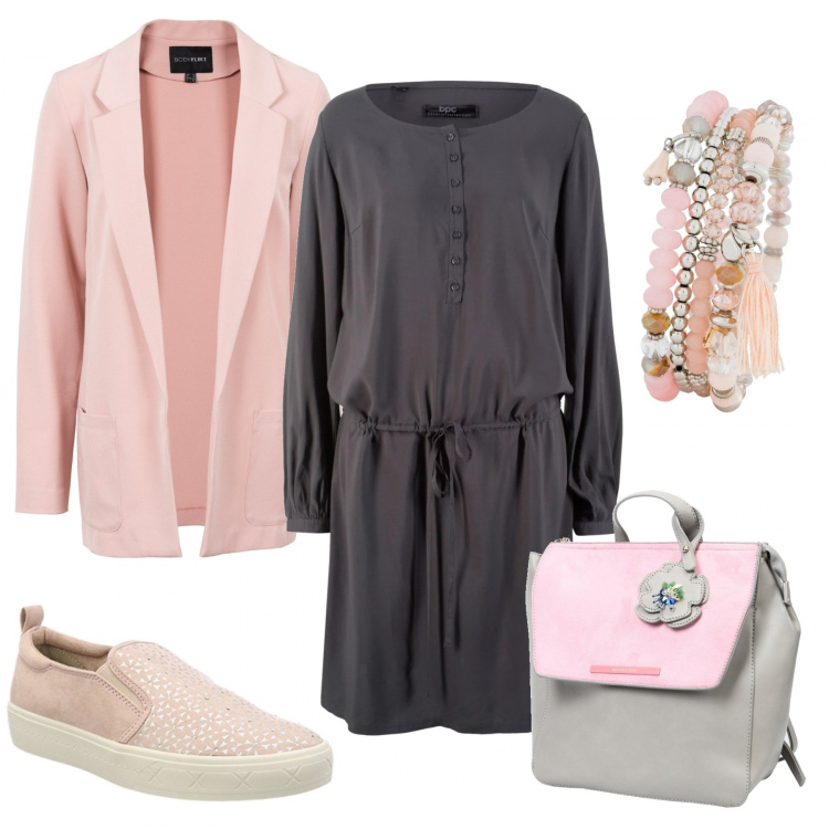 Outfit donna - Semplice in grigio e rosa. Stile Basic per Tutti i giorni. Abbinamento con zaini, vestiti corti, pantaloni, braccialetti, mocassini rosa.
