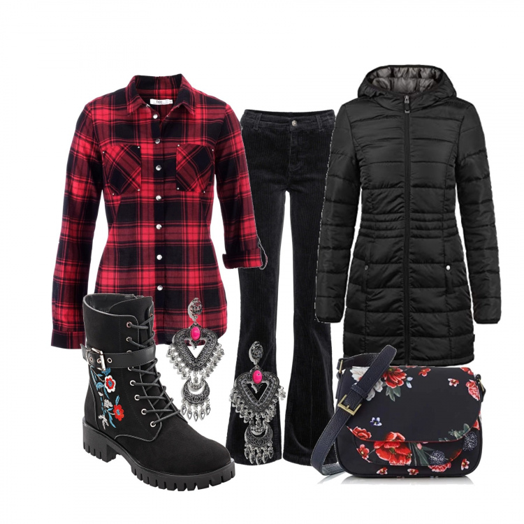 Outfit donna - Borsa e anfibi fiorati. Stile Basic per Tutti i giorni. Abbinamento con stivali, camicia sport fantasia a maniche lunghe in cotone aderente, pantaloni, cappotto contrasto con cappuccio nero, borsa a secchiello fantasia floreale navy, orecchini pendenti petite farfalla argento.