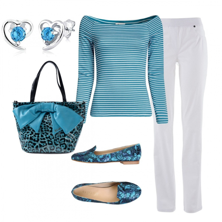 Outfit donna - Fiocco turchese. Stile Basic per Scuola/Università. Abbinamento con pantaloni sportivi, mocassini, borsa a mano, t-shirt con stampa e scollo a maniche lunghe aderente turchese, orecchini.