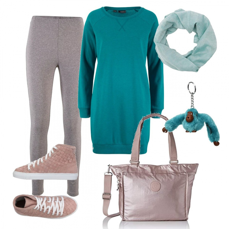 Outfit donna - Al parco con i bambini. Stile Basic per Tutti i giorni. Abbinamento con vestiti, leggings, sneakers tennis effetto scamosciato con punta tonda tinta unita, shopping bag, portachiavi, sciarpa taglia unica verde.