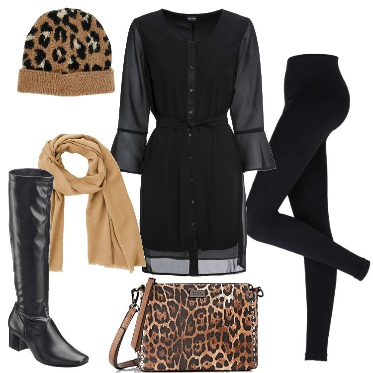 Outfit donna - Blusa lunga e leggings. Stile Trendy per Tutti i giorni. Abbinamento con leggings, stivali, pigiama, shopping bag grigio, berretto, sciarpa beige.