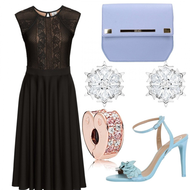 Outfit donna - I colori di elie saab. Stile Chic per Cerimonia. Abbinamento con vestiti, sandali con tacco, borsetta viola, orecchini, accessori per capelli.