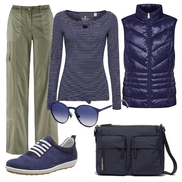 Outfit donna - Tracciare una riga blu. Stile Basic per Scuola/Università. Abbinamento con pantaloni cargo, t-shirt con fiocco a righe con scollo a maniche lunghe jersey navy, borsa a tracolla con zip blu, pantaloni corti e shorts, scarpa sportiva, occhiali da sole.