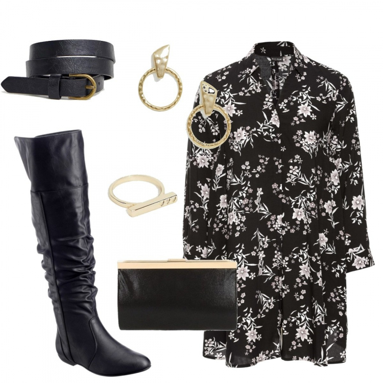 Outfit donna - Dettagli oro. Stile Trendy per Tutti i giorni. Abbinamento con stivali sopra il ginocchio, vestiti, shopping bag, anello oro, orecchini oversize farfalla effetto scamosciato girocollo oro e argento, cintura con fibbia e punta tonda in denim lunghezza regolabile.