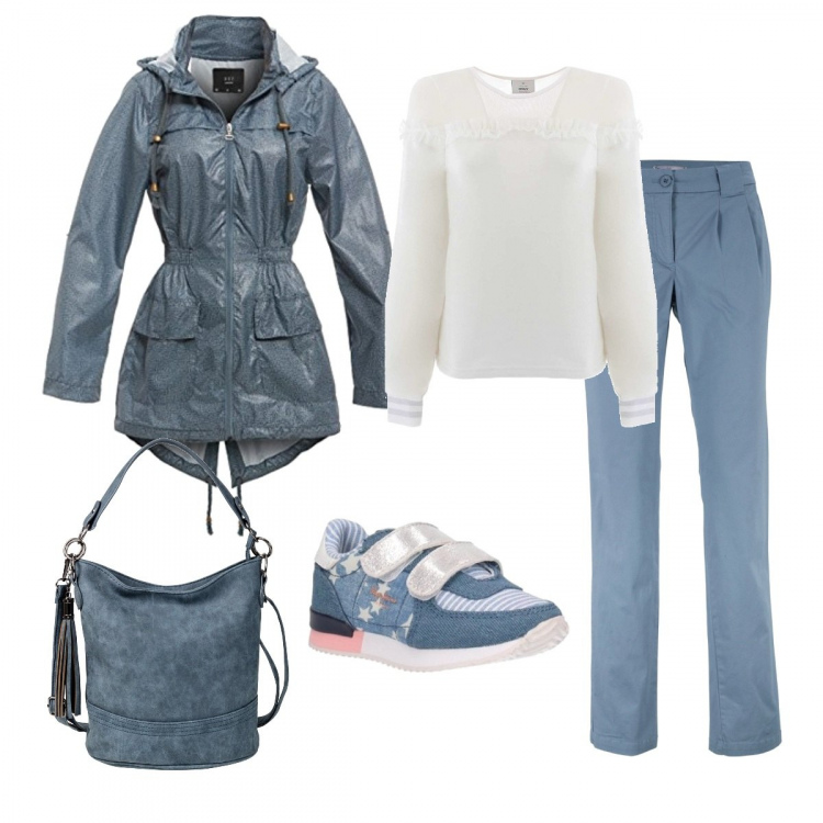 Outfit donna - Oggi piove. Stile Basic per Tutti i giorni. Abbinamento con pantaloni chino, borse a tracolla, felpa, giacca grigio.