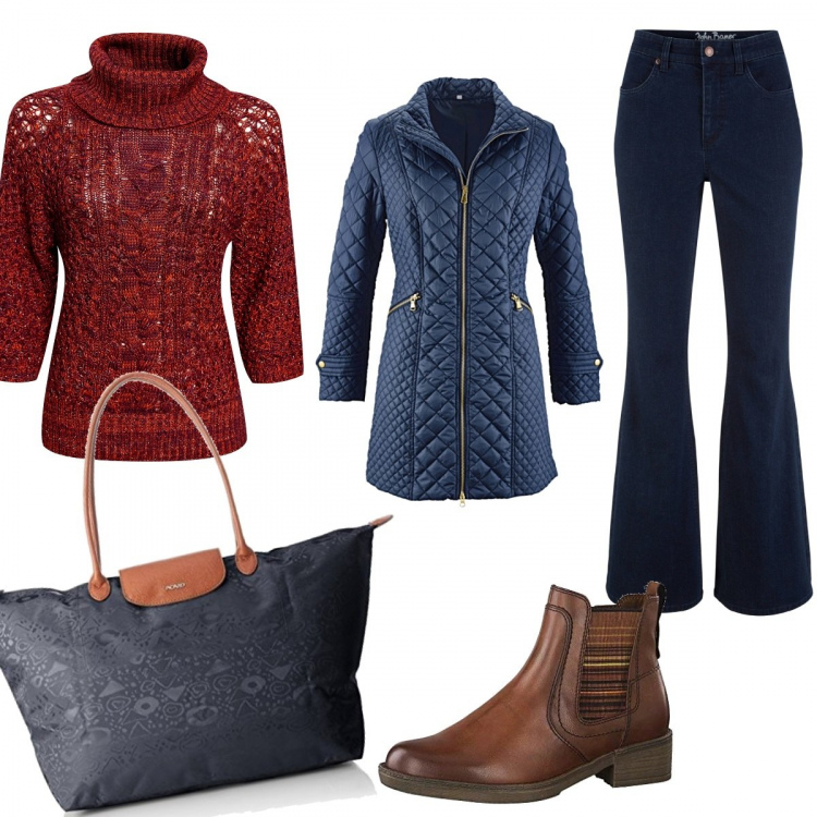 Outfit donna - Autunno in arrivo. Stile Urban per Tutti i giorni. Abbinamento con blazer, jeans a zampa, maglione, stivali chelsea marrone, borsa tote blu.