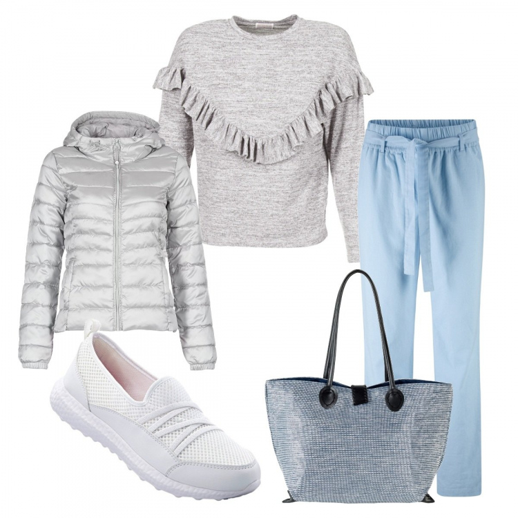 Outfit donna - Celeste cielo. Stile Trendy per Tutti i giorni. Abbinamento con sneakers, pantalone viola, shopping bag effetto lucido con zip grigio, piumino argento, maglieria.