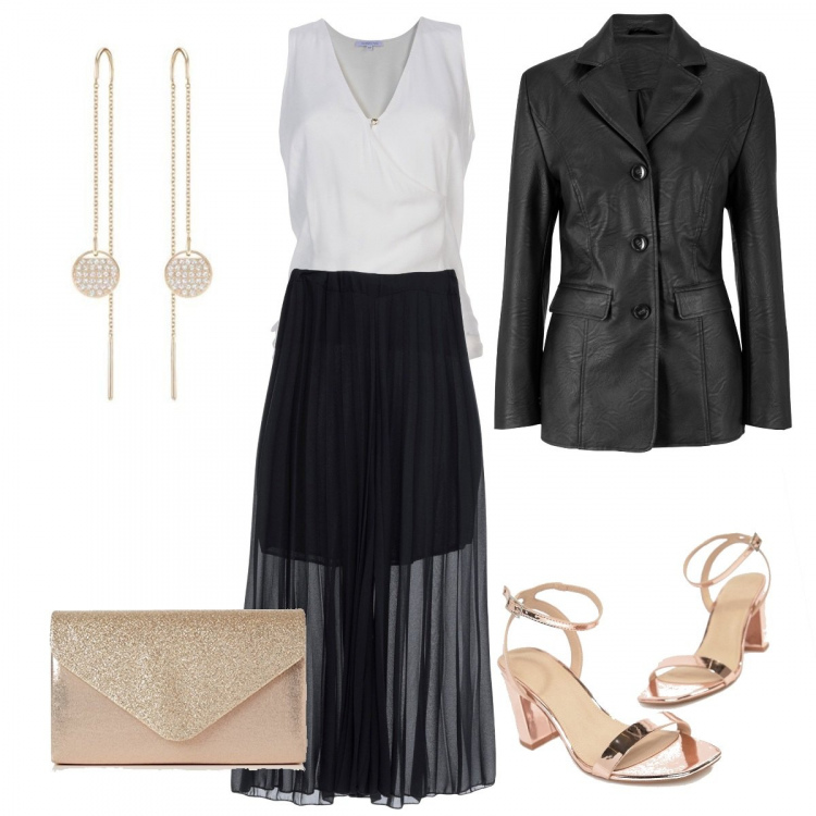 Outfit donna - Serata elegante. Stile Chic per Cerimonia. Abbinamento con blazer, gonna longuette plissè interno semi-foderato crêpe, top, scarpe con tacco collo aperto in denim, pochette, orecchini.