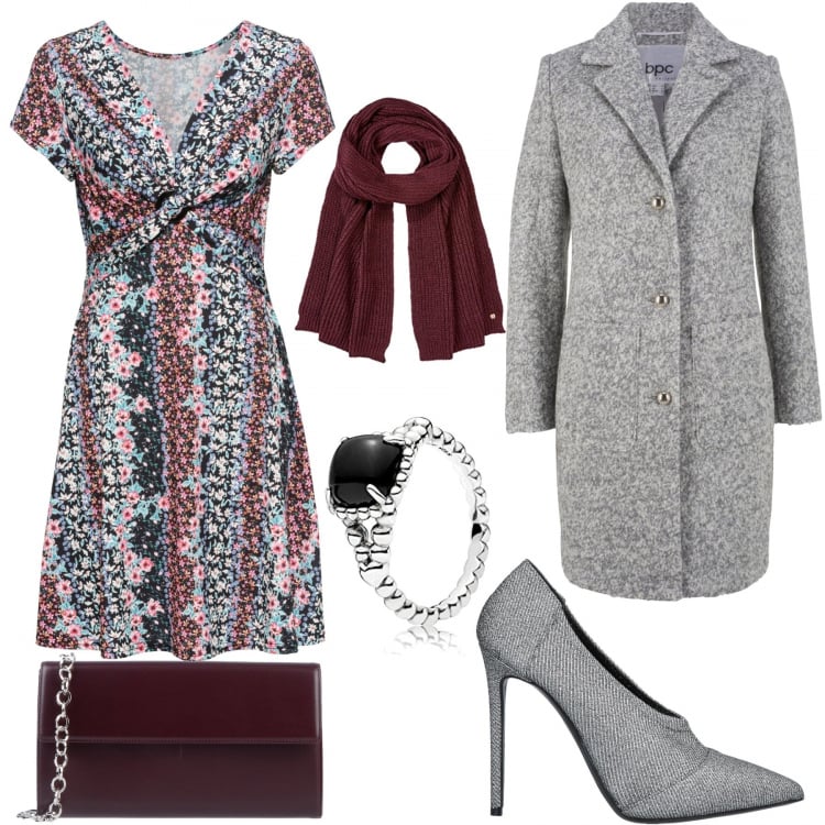 Outfit donna - Grey. Abbinamento con décolleté, borsa a mano mini interno foderato in pelle tinta unita, vestiti, maglieria, anello argento e nero, sciarpe.