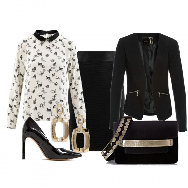 Outfit donna - Monday style - il primo colloquio. Stile Bon Ton per Ufficio. Abbinamento con blazer, camicetta aderente bianco, gonna al ginocchio a coste in in maglia aderente nero, borsa a spalla, orecchini pendenti petite con ciondolo farfalla con tacco squadrato oro, scarpe con tacco petite effetto vernice con tacco spillo a punta.