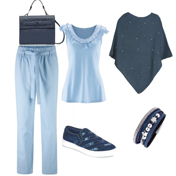 Outfit donna - Sfumature d’onda. Stile Trendy per Tutti i giorni. Abbinamento con vestiti, top in maglina, braccialetti, scarpa, poncio con perle girocollo senza maniche in in maglia taglia unica blu, borsa a tracolla con taschini e zip con scomparti blu.