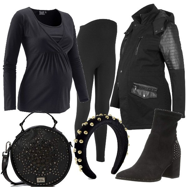 Outfit donna - Premaman soft rock. Stile Rock per Serata fuori. look ideale per Premaman. Abbinamento con leggings, pantaloni, maglia premaman con scollo a maniche lunghe, stivaletti, cerchietto petite con borchie nero, scarpa.