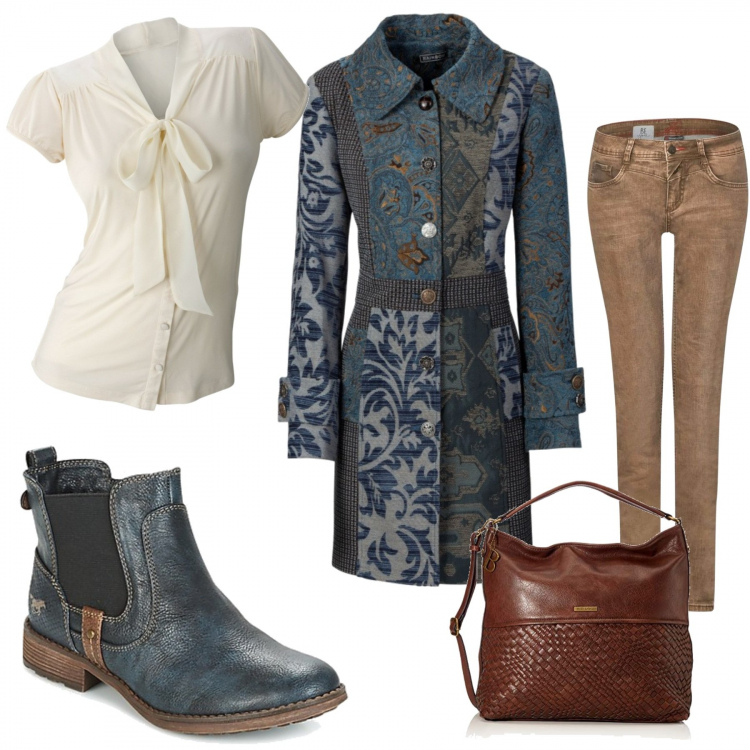 Outfit donna - Domenica d\'autunno. per Tutti i giorni. Abbinamento con cappotti, camicia, stivaletti, jeans slim fit effetto decolorato in denim taglia unica marrone, borsa a spalla marrone.