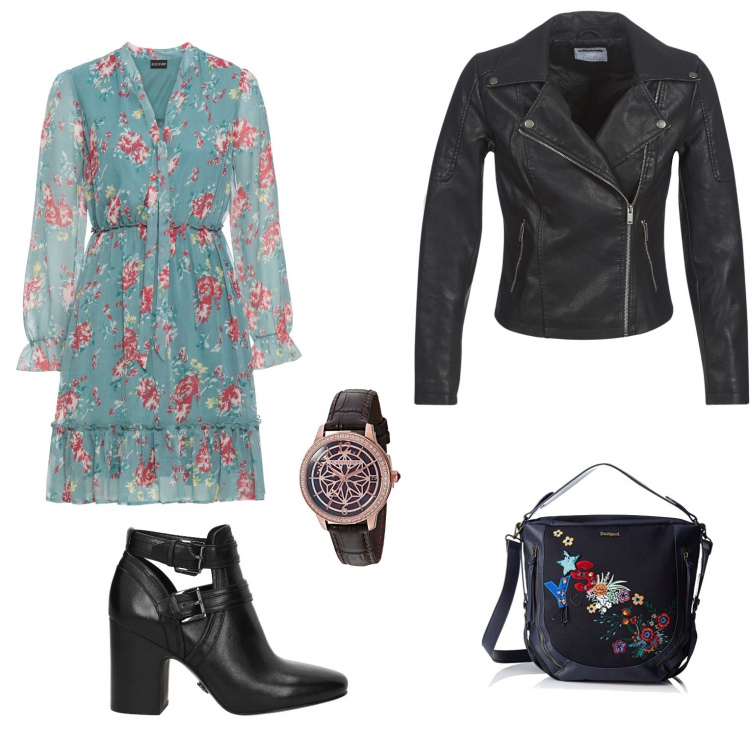 Outfit donna - Trendy #26255. Stile Trendy per Tutti i giorni. Abbinamento con vestito con volant e scollo con laccetti blu, stivaletti, giacche, borsa a spalla con zip navy, orologio con cinturino e fasce in pelle marrone.