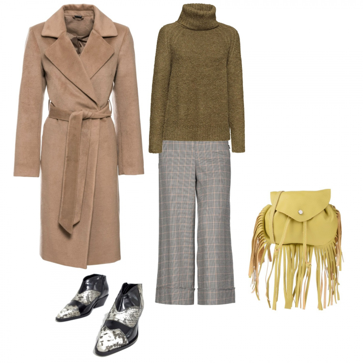 Outfit donna - Western chic. Stile Trendy per Tutti i giorni. Abbinamento con cappotti, pantalone pied de poule vita alta con zip e gancetto, borse a spalla, scarpe petite con tacco largo e zip a punta, felpa verde e kaki.