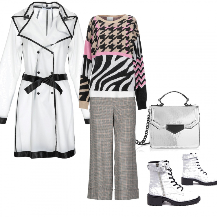 Outfit donna - Trendy autumn. Stile Trendy per Tutti i giorni. Abbinamento con pantalone pied de poule vita alta con zip e gancetto, pullover pied de poule lavorato a maglia collo tondo a maniche lunghe vestibilità ampia, cappotto, stivali, borsa a mano argento.
