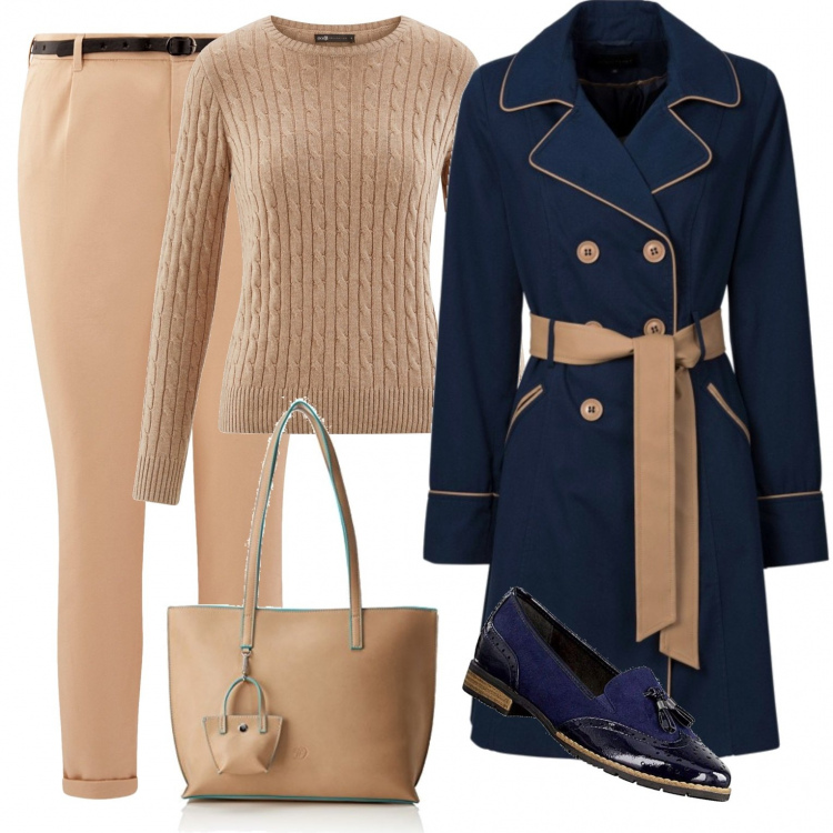 Outfit donna - Outfit di classe low cost. Stile Chic per Tutti i giorni. Abbinamento con trench, maglione a trecce beige, mocassini, pantaloni capri, borsa tote con zip in denim con tasca interna beige.
