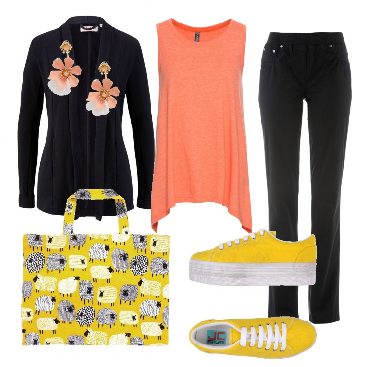 Outfit donna - Sole d\' ottobre. Stile Basic per Tutti i giorni. Abbinamento con pantaloni sportivi, top lunga jersey arancione, blazer, sneakers tennis, shopping bag multicolore, orecchini petite fantasia floreale oro.
