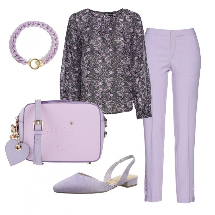Outfit donna - Lilla e fantasia. Stile Basic per Ufficio. Abbinamento con body, pantalone con pizzo viola, borse a spalla, sandali, collana petite con catena e catenina oro.