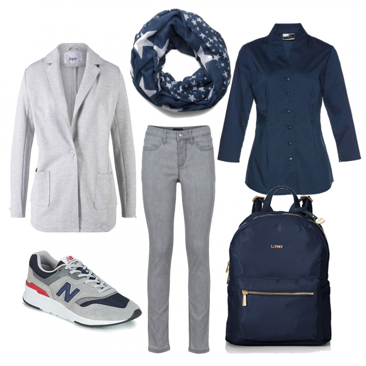 Outfit donna - Con la camicia blu. Stile Basic per Scuola/Università. Abbinamento con camicie, jeans skinny, blazer, sneakers, zaino, sciarpa.