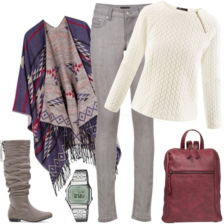 Outfit donna - Fine settimana in montagna. Stile Basic per Tutti i giorni. Abbinamento con jeans skinny, reggiseni, stivali, maglione con zip aderente bianco, poncio, orologi digitali.