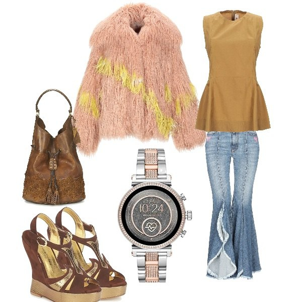 Outfit donna - Étnico #2691. Stile Etnico per Scuola/Università. Abbinamento con orologio, borse a spalla, sandali, top, jeans, cappotto effetto acetato multicolore.