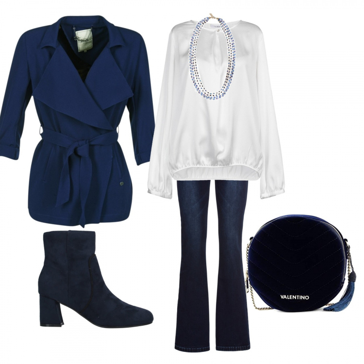 Outfit donna - Un venerdì blu. Stile Urban per Tutti i giorni. Abbinamento con jeans bootcut, blusa collo tondo a maniche lunghe crêpe, stivaletti effetto scamosciato con tacco squadrato e zip con punta quadrata tinta unita, trench blu, collana blu, borsa a tracolla blu.