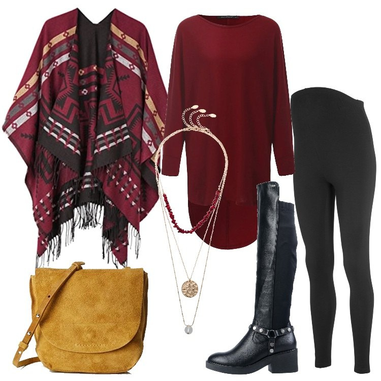 Outfit donna - Attesa in autunno. Stile Trendy per Tutti i giorni. look ideale per Premaman. Abbinamento con leggings, maglieria, stivali con borchie e tacco squadrato con zip interno foderato con punta tonda in tessuto tecnico tinta unita, maglioni, poncio, borsa a tracolla effetto scamosciato rosa e giallo.