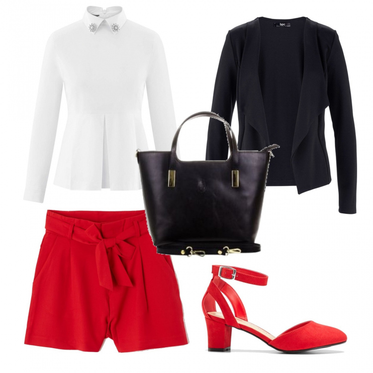 Outfit donna - Venerdì in ufficio. Stile Bon Ton per Ufficio. Abbinamento con blazer, décolleté pumps con cinturino e fibbia rosso, shorts con fusciacca rosso, camicie, shopping bag made italy con zip interno foderato con tracolla removibile nero.