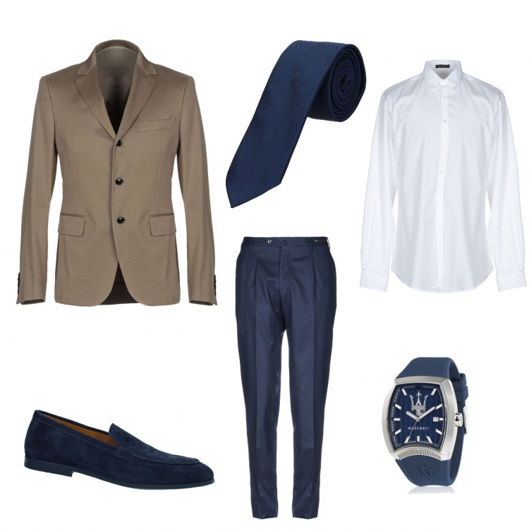 Outfit uomo - Sabato di cerimonia. Stile Business/Elegante per Cerimonia. Abbinamento con mocassini, cravatte e papillon in seta blu, giacca con spacco posteriore collo con revers a maniche lunghe interno semi-foderato in cotone tinta unita, pantalone con zip in flanella tinta unita, camicia collo classico a maniche lunghe in cotone tinta unita, orologio con cinturino blu.