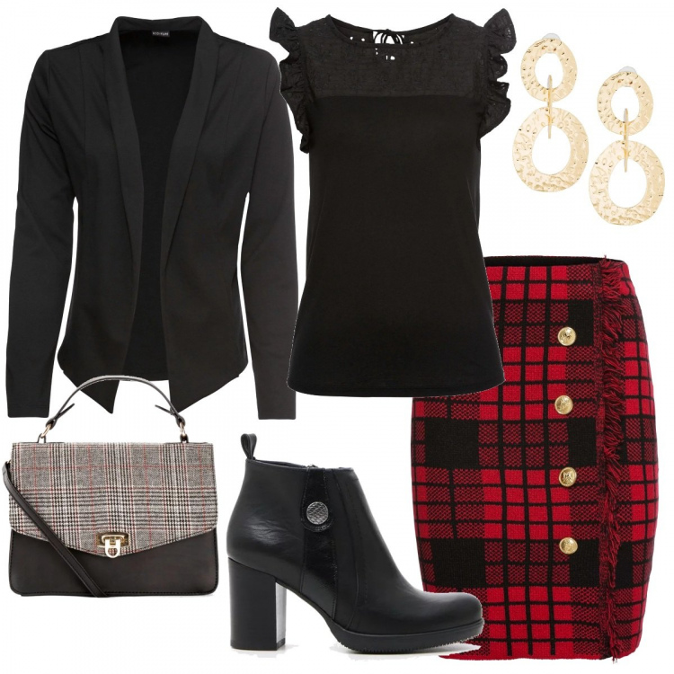Outfit donna - La gonna stile scozzese. Stile Sexy per Tutti i giorni. Abbinamento con t-shirt, gonne, blazer, borsa a mano, orecchini pendenti con cerchi oro, tronchetti.