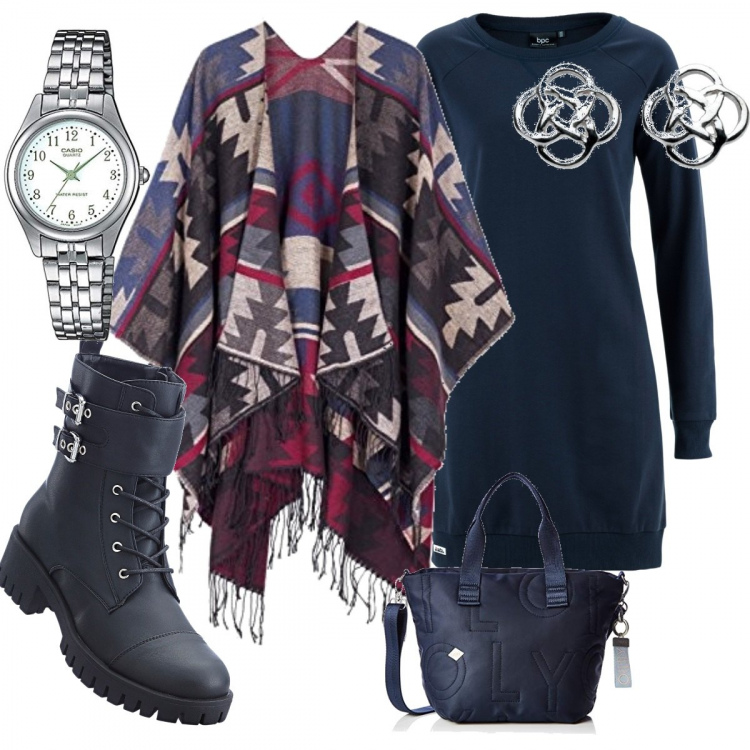 Outfit donna - Brrrrr. Stile Trendy per Tutti i giorni. Abbinamento con vestiti, stivaletti, borsa cartella blu e blu scuro, orecchini, poncio, orologio analogico con cinturino in acciaio inox.