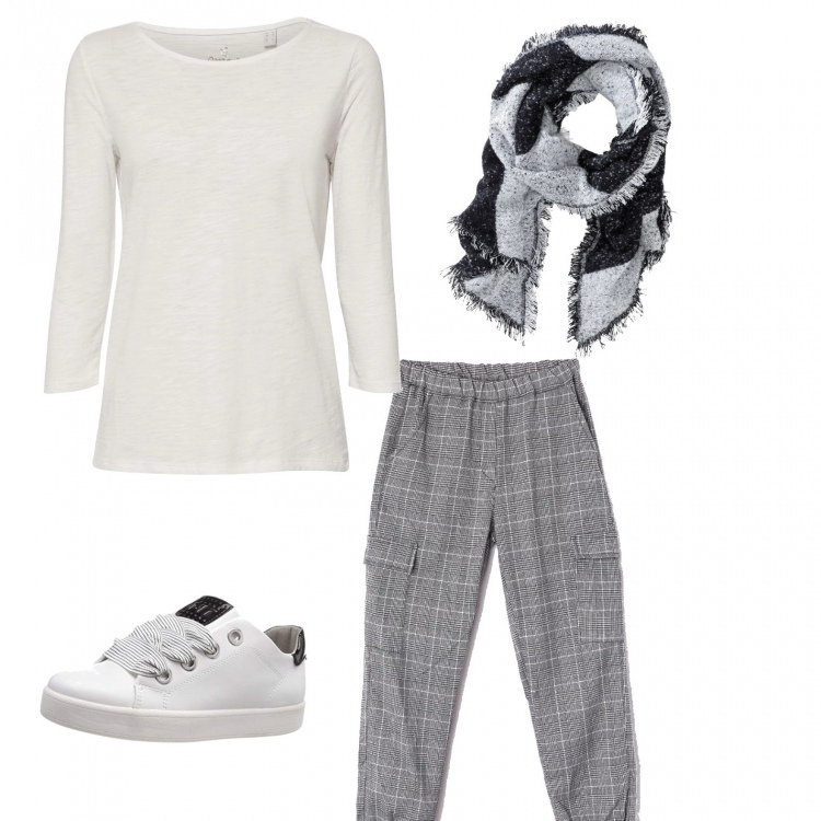 Outfit donna - Basic #16447. Stile Basic per Tutti i giorni. Abbinamento con sciarpe, pantalone cargo fantasia bianco, sneakers, t-shirt taglio dritto a maniche lunghe jersey bianco.