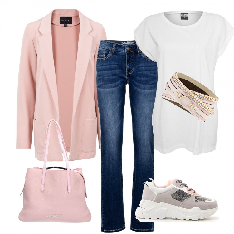 Outfit donna - In centro con le amiche. Stile Basic per Tutti i giorni. Abbinamento con vestiti corti, cappotti, braccialetti, borsa a tracolla rosa, sneakers, t-shirt.