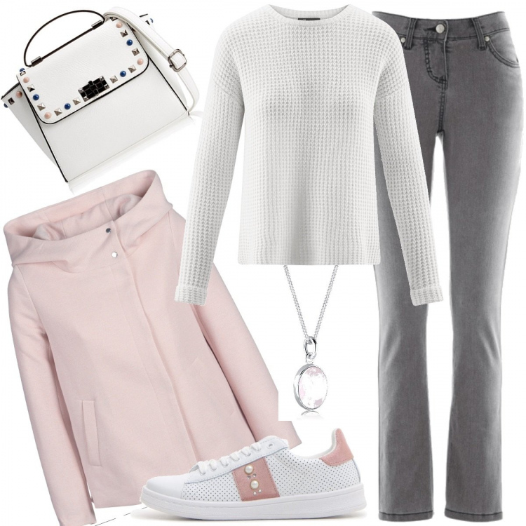 Outfit donna - Comoda per lo shopping. Stile Basic per Tutti i giorni. Abbinamento con jeans slim fit, cappotto rosa, sneakers, maglione lavorato a maglia con scollo e polsini bianco, borsa a tracolla mini bianco, collane.