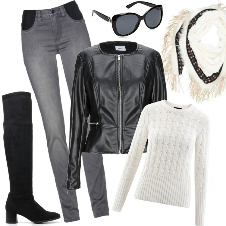 Outfit donna - Facciamo un giro in moto?. Stile Trendy per Tutti i giorni. Abbinamento con jeans, giubbotto collo tondo a maniche lunghe con zip interno foderato in pelle sintetica tinta unita, maglione a trecce aderente bianco, stivali, foulard con stampa e ricamo bianco, occhiali da sole.