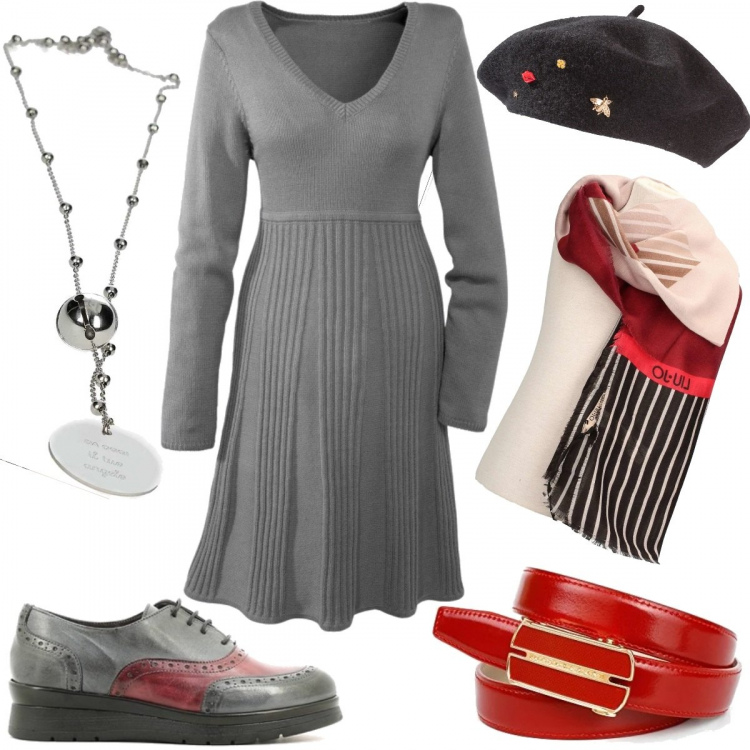 Outfit donna - Tanti accessori per creare un look. Stile Trendy per Tutti i giorni. Abbinamento con cappelli e berretti, vestito a coste in in maglia, sciarpa rosso, scarpe grigio, collane, cinture.