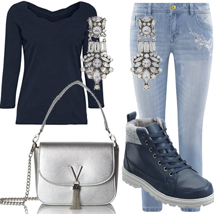Outfit donna - Blue and Silver!. Stile Urban per Tutti i giorni. Abbinamento con stivaletti, jeans boyfriend, maglia a maniche lunghe navy, orecchini pendenti, borse a tracolla.