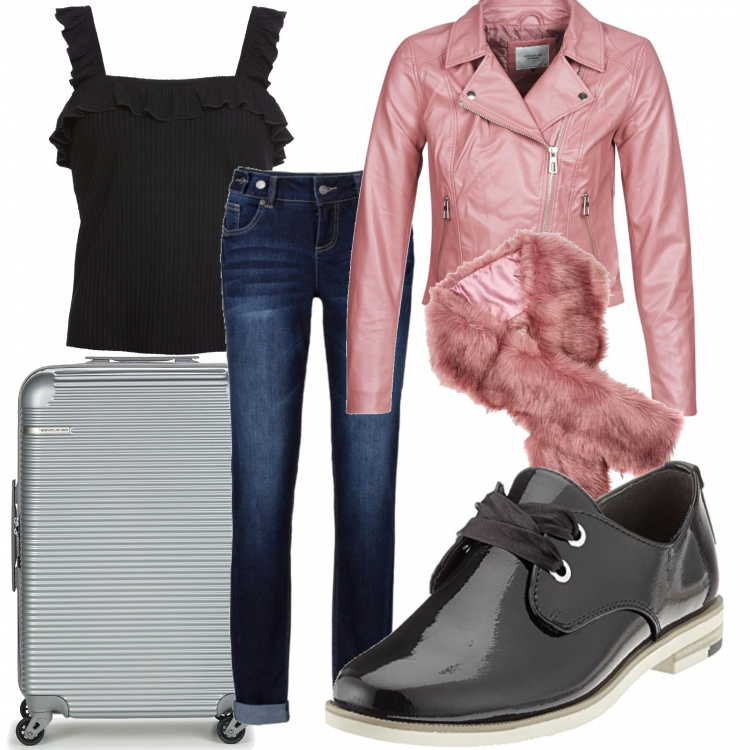 Outfit donna - Valigia pronta.... Stile Basic per Tutti i giorni. Abbinamento con jeans boyfriend, top, giacca rosa, valigia, scarpe stringate, stole.