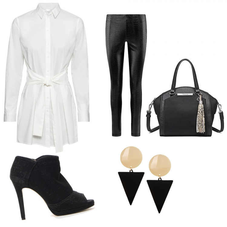 Outfit donna - Basic #16511. Stile Basic per Tutti i giorni. Abbinamento con vestiti, orecchini, leggings in in maglia aderente nero, stivaletti, borsa a mano con zip nero.