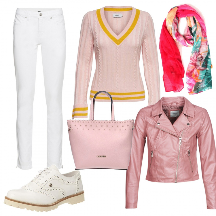Outfit donna - Pastelli d\'autunno. Stile Basic per Tutti i giorni. Abbinamento con jeans skinny, giacca rosa, maglioni, borsa a tracolla nero e rosa, sciarpa rosa, scarpe stringate.