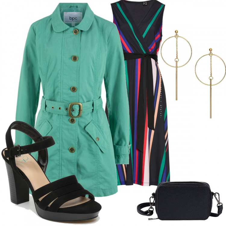 Outfit donna - Trendy #26516. Stile Trendy per Serata fuori. Abbinamento con vestiti, borse a tracolla, trench, orecchini, sandali effetto scamosciato con fibbia interno in pelle con punta tonda nero.