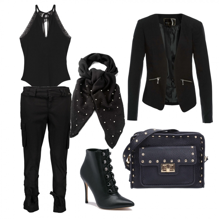 Outfit donna - Sexy cargo. Stile Rock per Serata fuori. Abbinamento con blazer, scialle con perle nero, body con pizzo tinta unita nero, pantaloni, borsa a tracolla nero, tronchetti con borchie e zip nero.