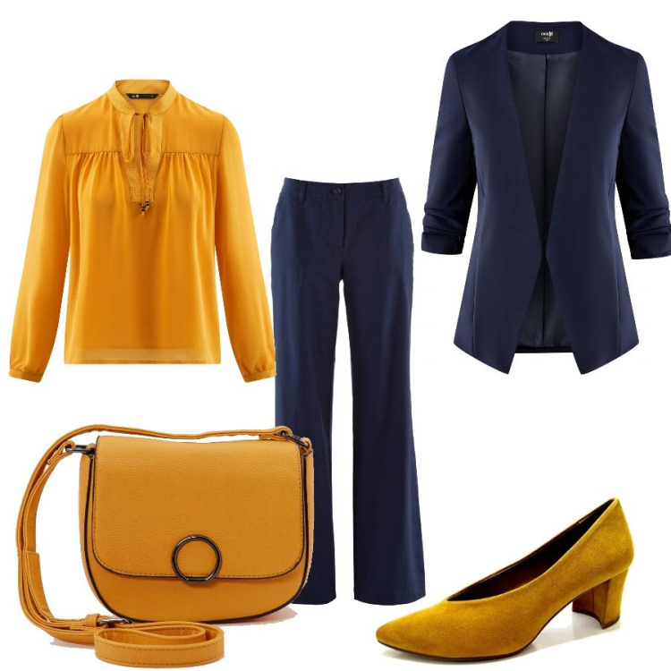 Outfit donna - Ocra e blu. Stile Basic per Ufficio. Abbinamento con pantaloni, borsa a tracolla effetto martellato in ecopelle tinta unita giallo, camicetta chiffon con laccetti aderente giallo, blazer, scarpa col tacco.