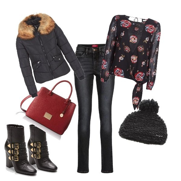 Outfit donna - Arriva il freddo. Stile Urban per Tutti i giorni. Abbinamento con jeans slim fit, camicetta nero, piumino nero, berretto nero, stivaletti con zip interno in tessuto con punta tonda nero e oro, borsa a mano cartella rosso.