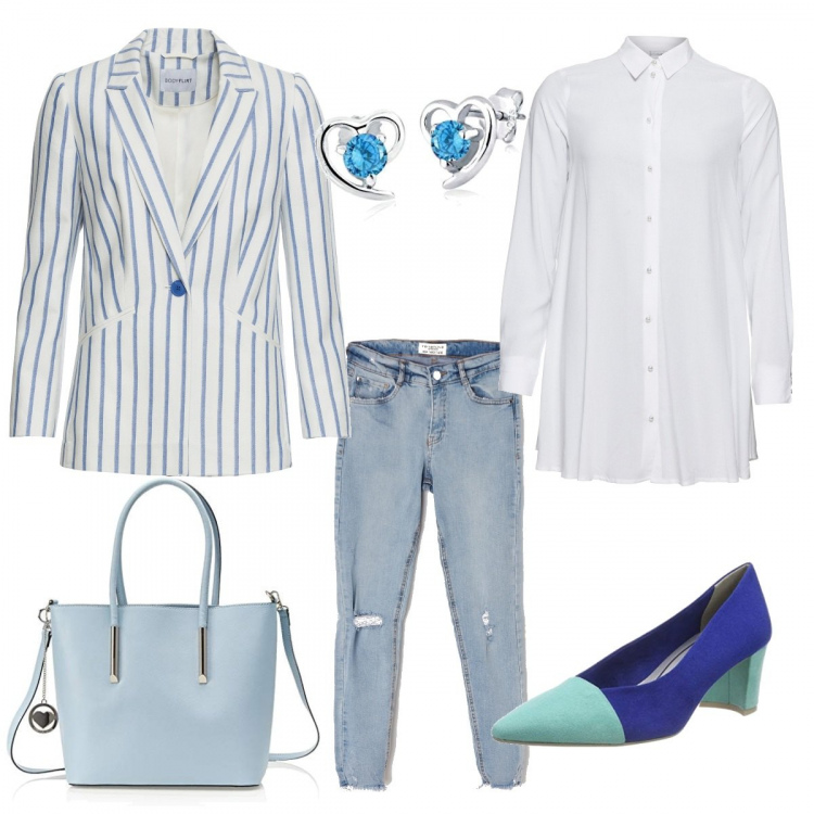 Outfit donna - Domenica a pranzo fuori. Stile Basic per Tutti i giorni. Abbinamento con camicie, maglieria, jeans skinny in denim blu, scarpe con tacco blu, orecchini, shopping bag blu.