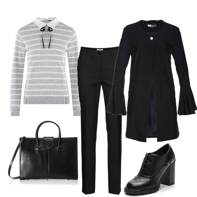 Outfit donna - Relatrice al convegno. Stile Bon Ton per Ufficio. Abbinamento con pantaloni, giacca forma asimmetrica lunga con spalline e volant nero, scarpe richelieu con plateau interno in pelle con punta tonda nero, maglione, borsa a mano nero.