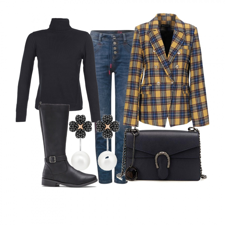 Outfit donna - Boot alto e giacca a quadri. Stile Urban per Tutti i giorni. Abbinamento con stivali, giacca doppiopetto fantasia collo con revers a maniche lunghe interno foderato in flanella con tasche, maglione nero, borsa a spalla, jeans slim fit sport effetto decolorato blu, orecchini.